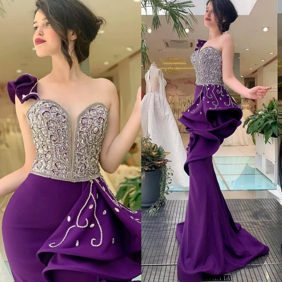 Purple Beaded Dubai Mermaid Evening Dresses Plunging Neck Peplum Arabic Prom Gowns Plus Size Floor Length Satin Formal Dress 188A