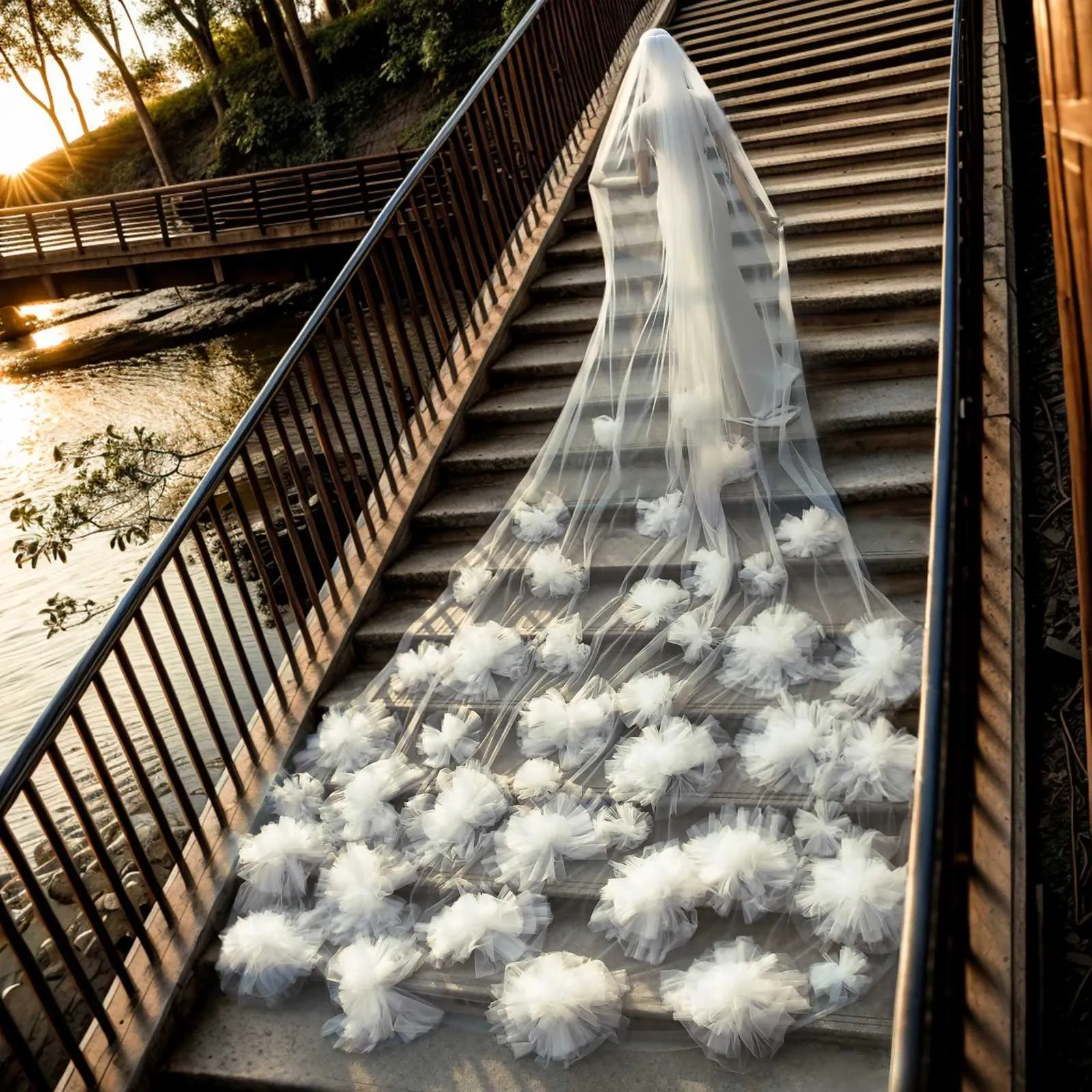 Hårsmykker MZA104 Katolsk Mantilla Brudeslør Ekstra Langt 3D Blomster Brudeslør 1 Lag Blødt Tyl Romantik Stort_voghion.com