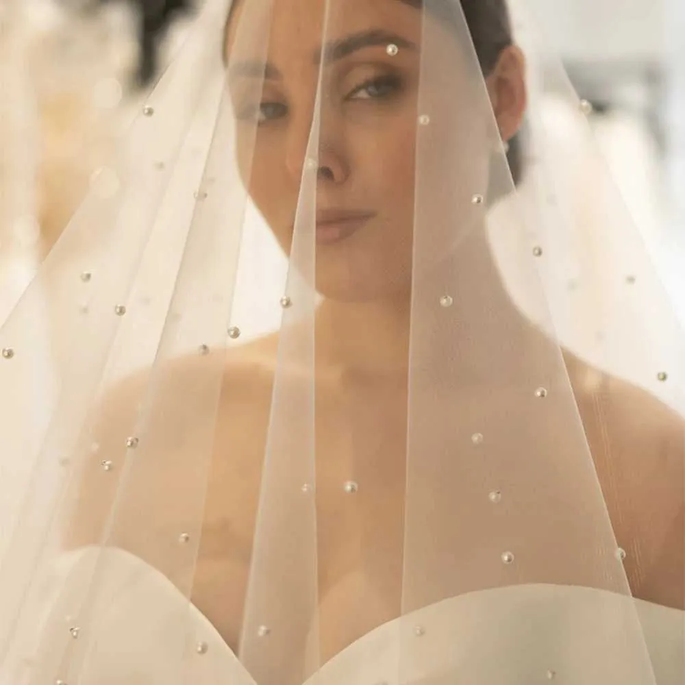 Haarschmuck Perlen Perlenbesetzter Brautschleier 2-stufig lang Kathedralschleier Bandkante mit Kamm Tropfenstil Brautkleider_voghion.com