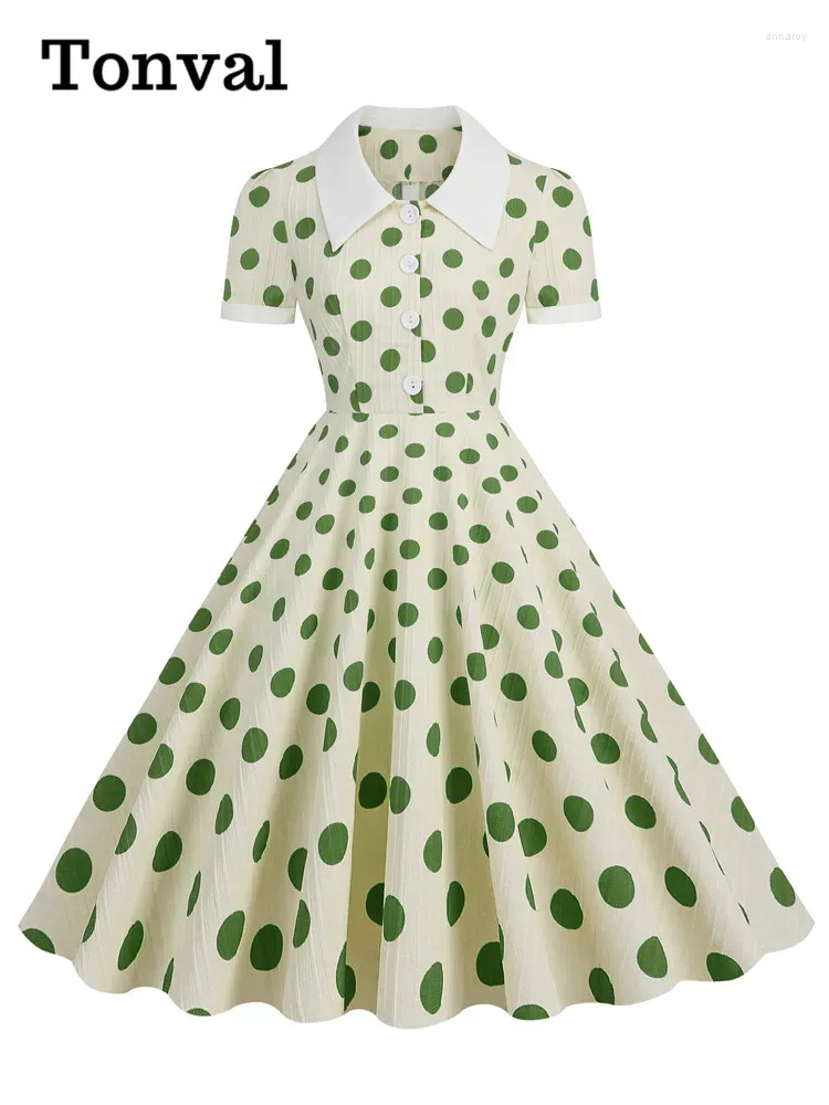 Robes de fête Tonval Boun-Down Collar bouton Front 50s pin-up robe élégant Summer Femmes Polka Dot Vintage MIDI Robe 2024