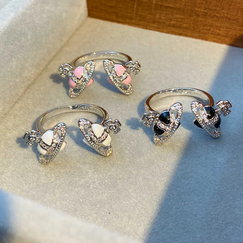 Designer Westwoods Flash Diamond Double Planet Ring Small Design Email Drop Glaze Stacked modieuze verstelbare vrouwelijke nagel