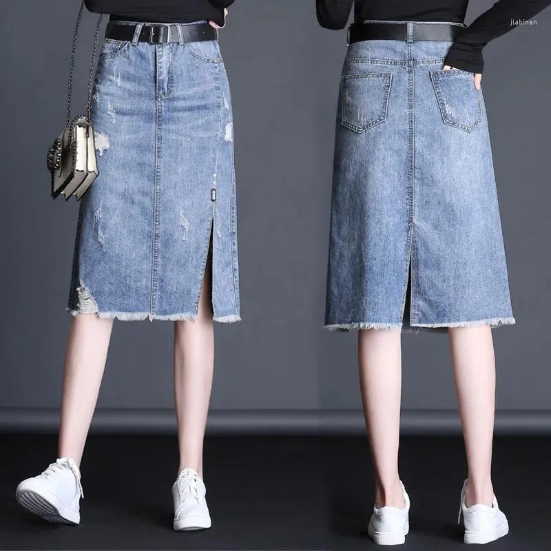 Signe 2024 Gonna in denim split in stile estivo femminile con vita alta e sottile a-line casual