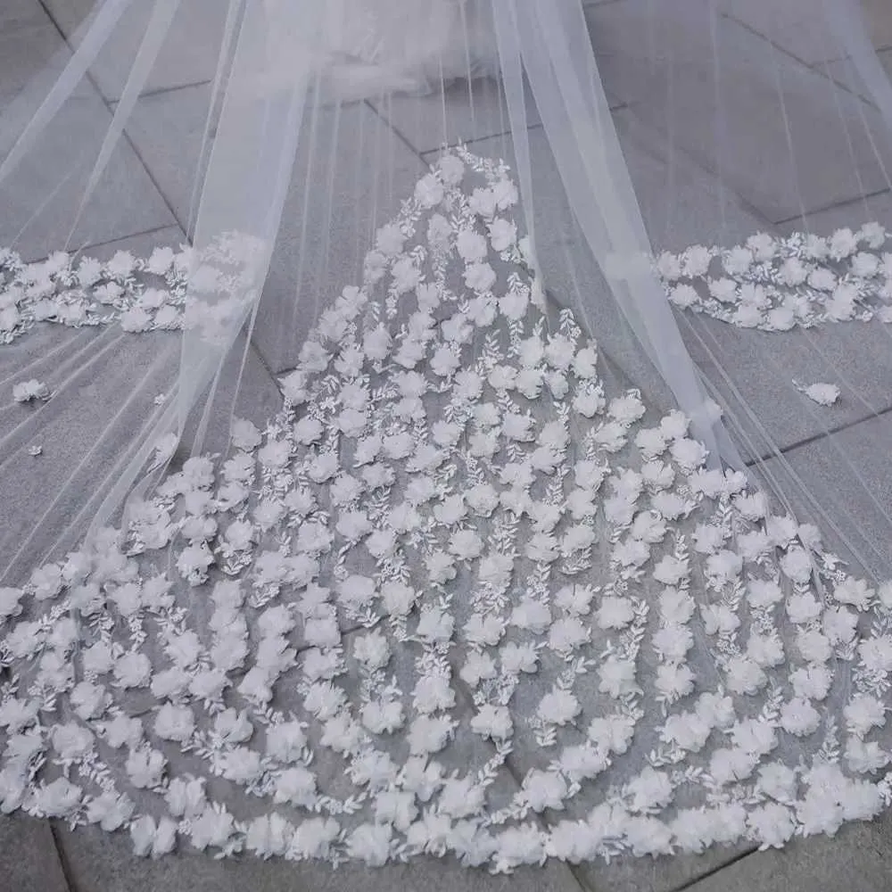 Hair Jewelry V123 Full Flowers Lace Beaded Wedding Veil Long Cathedral Style Soft Bridal Illusion with Comb Bride_ipsvogv.com