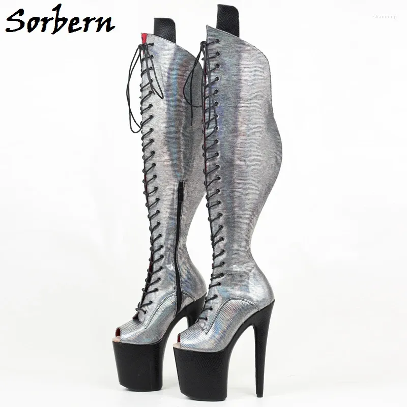 Sorben Customized High Heel Platform Silver Thigh High Bootss For Women Wide Calf Fit Exotic Pole Dance Style Open Toe Or Closed Long Silver Thigh High Boots With Lace Up Detail From