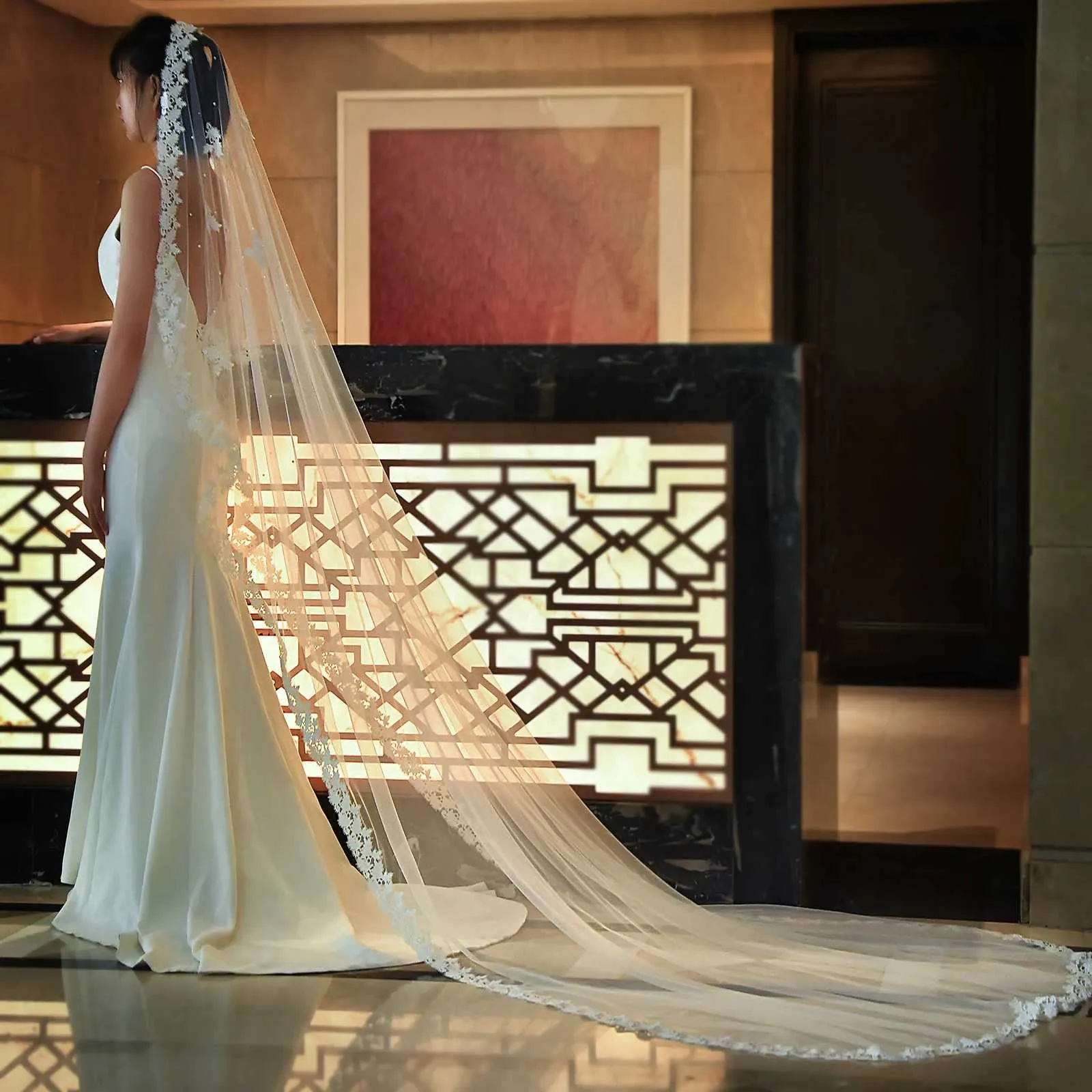 Brautschleier Mit Perlen Und Spitzenapplikation Für Brautfrisur_voghion.com