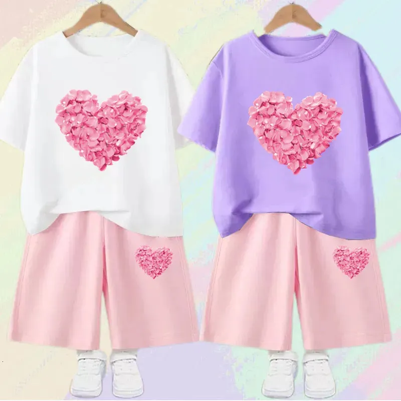 2pcs Girls Roupos Sets Roupa de verão Crianças Flower Heart Manga curta Camiseta Tops shorts