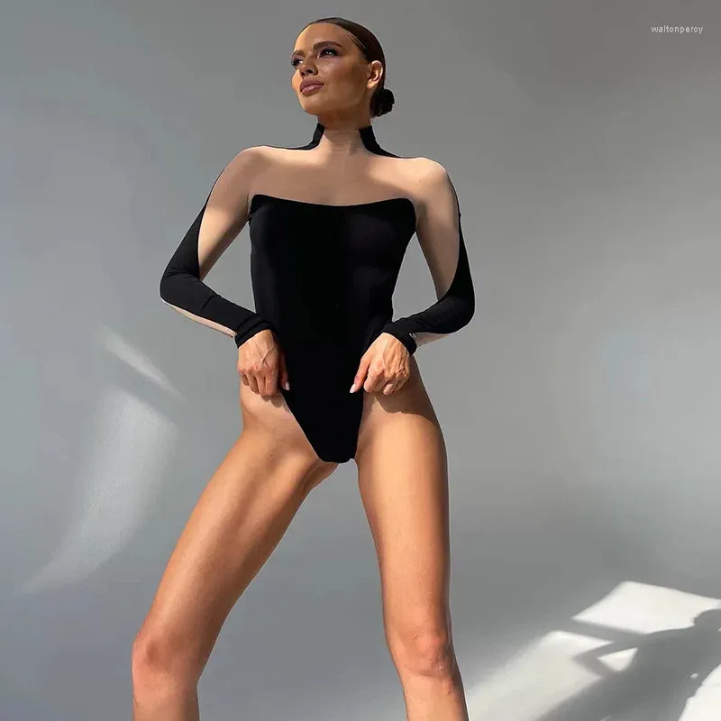 Kvinnors badkläder shpmishal American Fashion Mesh Splicing Perspective Integrerad topp för långärmad sexig kryddig tjej casual jumpsuit
