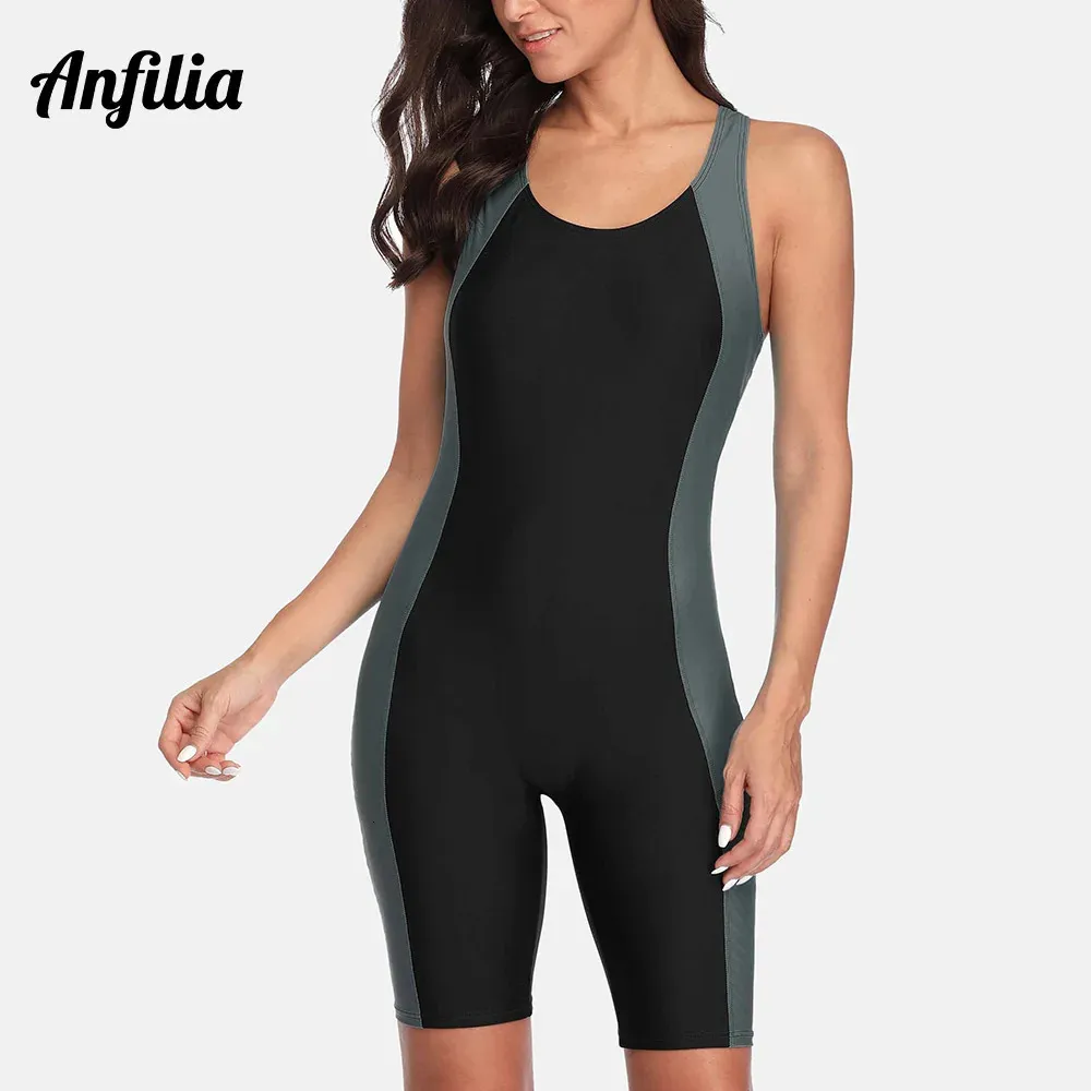 Anfilia Women Pro Sports Swimwear Boyleg Kneedlengle Sport Swimsuit Patchwork Bikini Beach Wear Bathing Fssction 240506