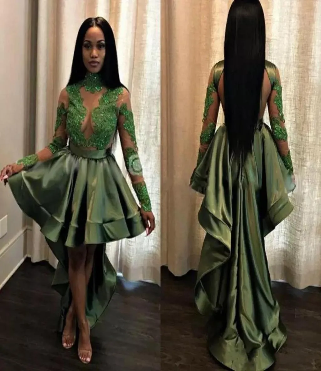 Emerald Green Black Girls High Low Prompes 2018 Sexy Seep Through Appliques Sequints Sheer длинные рукава вечерние платья коктейль 7623007