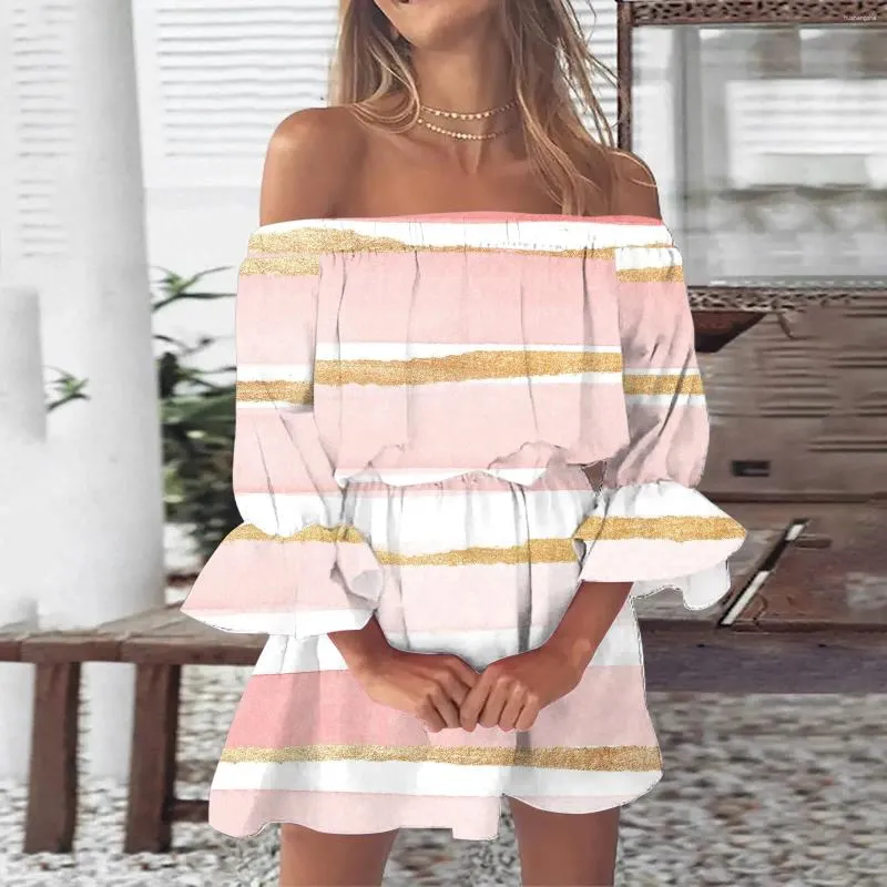 Summer Gradient Print Off-Shoulder Sundress for Women - Loose Fit, Boho Beach Vacation Dress with Ruffles