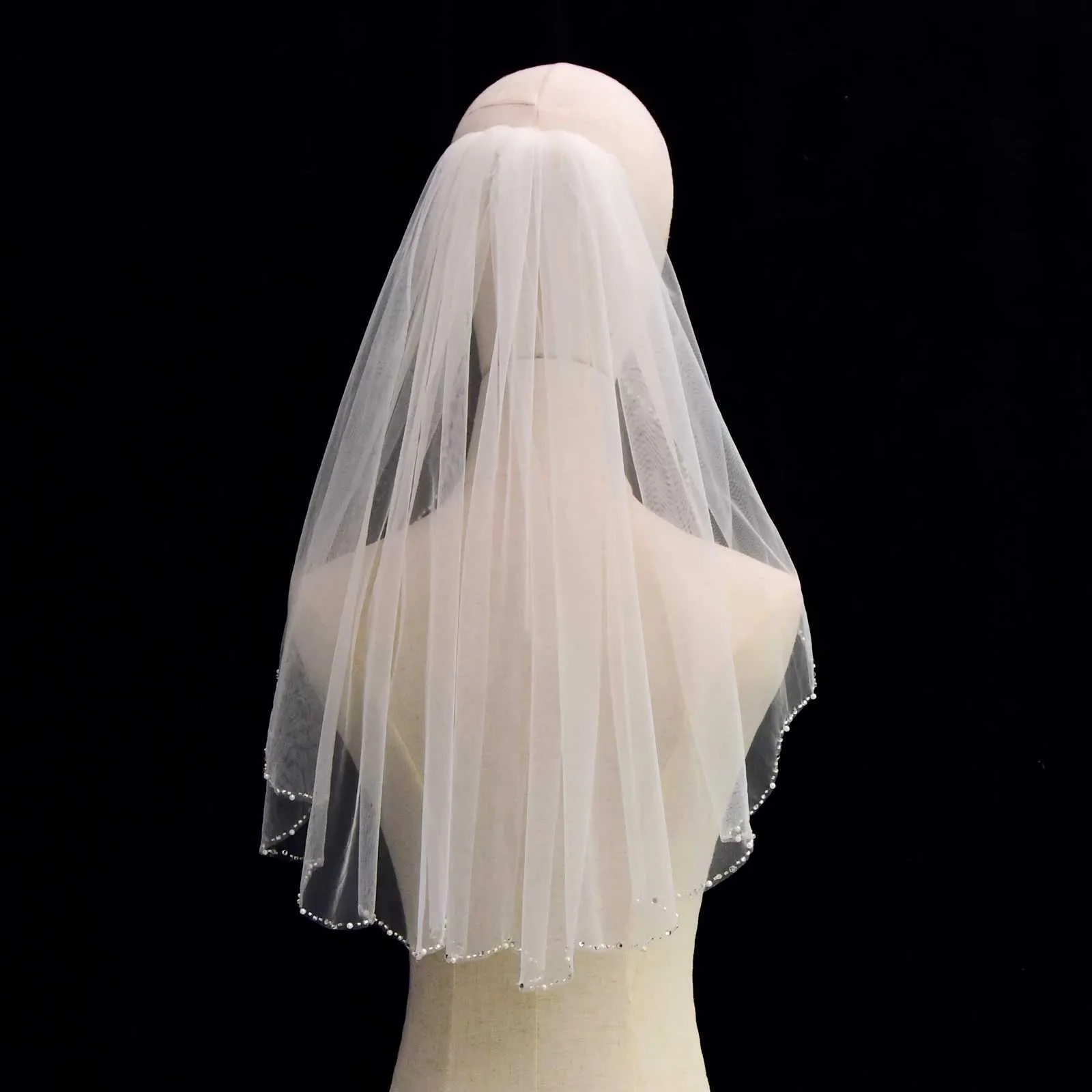 Voaluri de mireasă scurte cu strasuri, voal de mireasă cu mărgele de cristal, margine 60 cm cu pieptene, petrecere a burlacilor_voghion.com