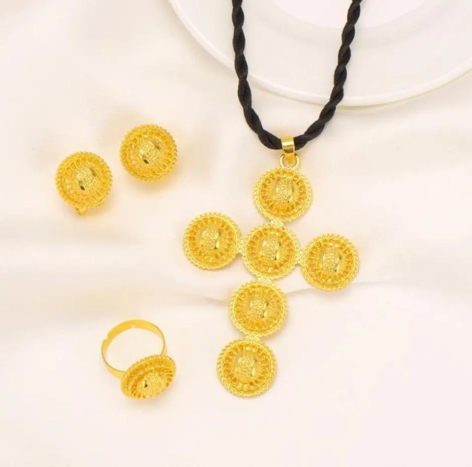 Collier de boucles d'oreilles Ethiopian Traditiona Jewelry Set Ring en éthiopie Gold Erythrée pour femmes Habesha Wedding Party Gift9213331