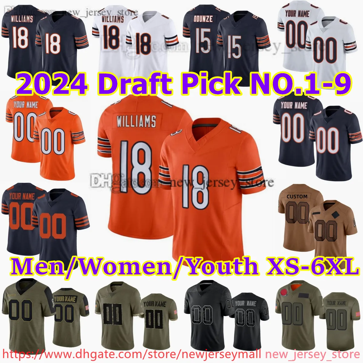 18 Caleb Williams Jersey 2024 Draft Pick No.1 Custom S-6XL Football Jerseys 15 Roma Odunze Wright Urlacher d'Andre Swift Justin Fields DJ Moore Jerseys Cole Kmet Jaman