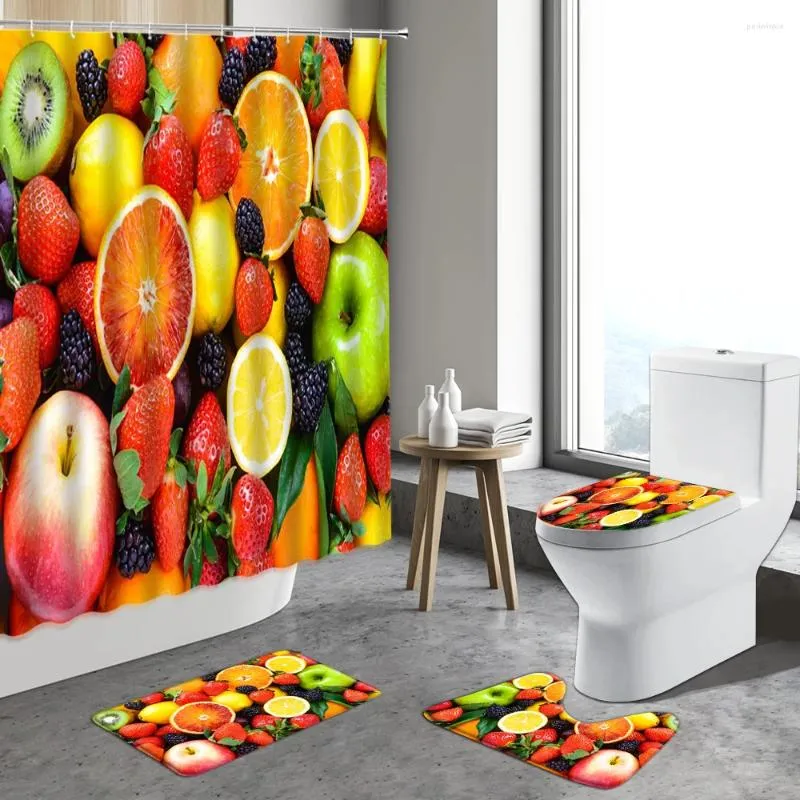 Cortinas de chuveiro 4pcs frutas tropicais cortina morango laranja abacaxi abacaxi abacate banana anti-slip banheiro tapetes banheiros banheiros tapetes de tapete
