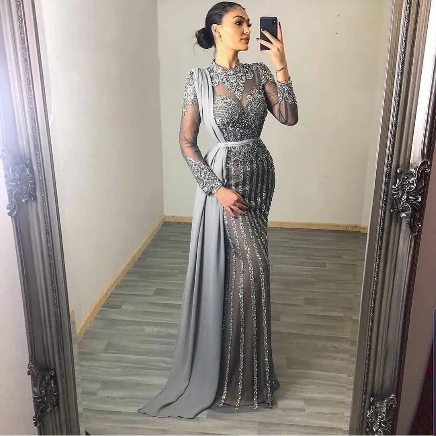 Arabski Aso Ebi Grey Luksusowe sukienki wieczorowe syreny Kryształowe Kryształy Sukienki Promowe Wysokie szyję Formalne przyjęcie Drugi odbiór Gonws ZJ355 2276