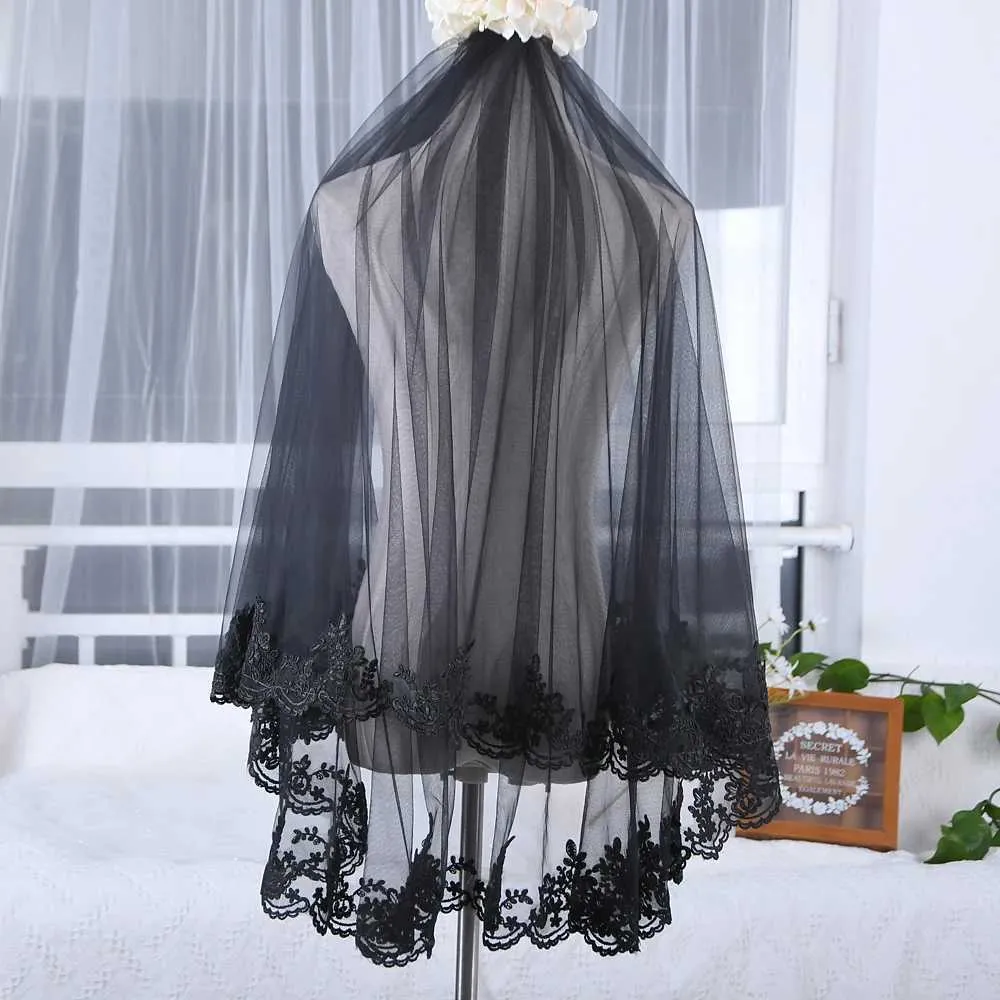 Bijoux de cheveux V65 voiles noirs sans peigne, bord appliqué en dentelle, fard à joues, Style goutte, accessoires de mariage pour mariée_voghion.com