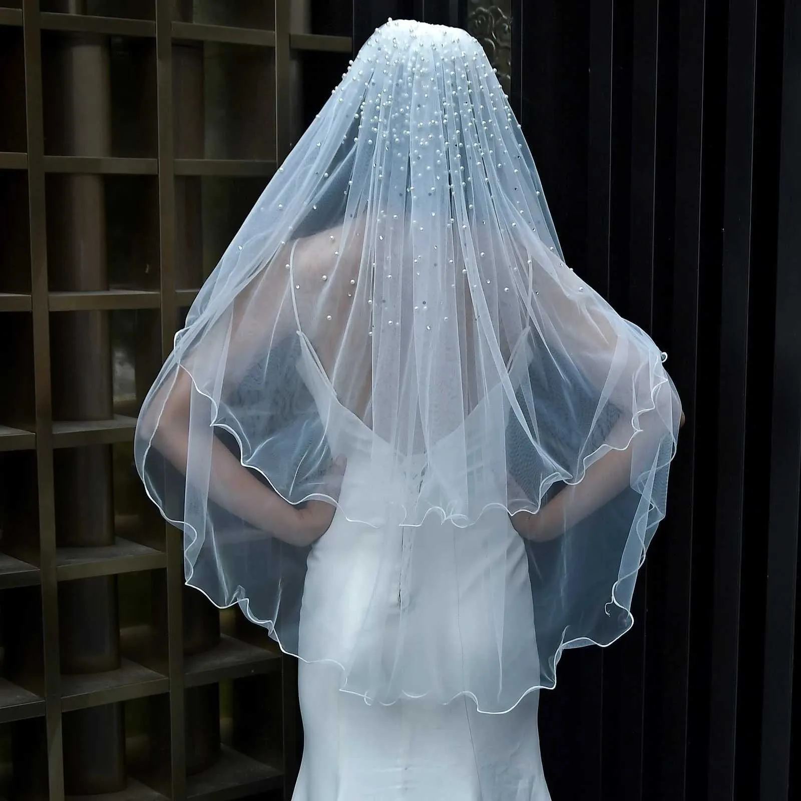 Hair Jewelry MZA32 2 Tier Veil with Blusher Pearls Bridal Veils Elbow Length Wave Pencil Edge Soft Wedding Accessories_ipsvogv.com