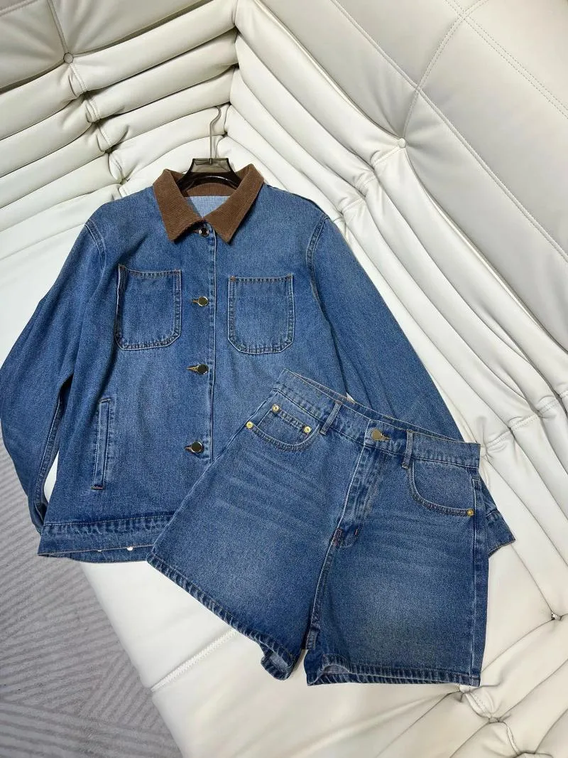 Vestes pour femmes en denim Set 24 printemps / été vintage vintage épissé de revers en velours