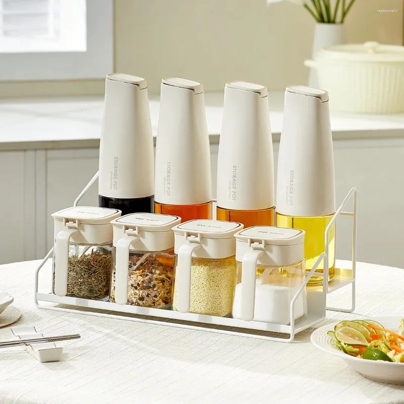 Kitchen Storage Spice Jar Rack Metal Glass Condiment Bottle And Oil Pot Desktop Sundries Holder Items