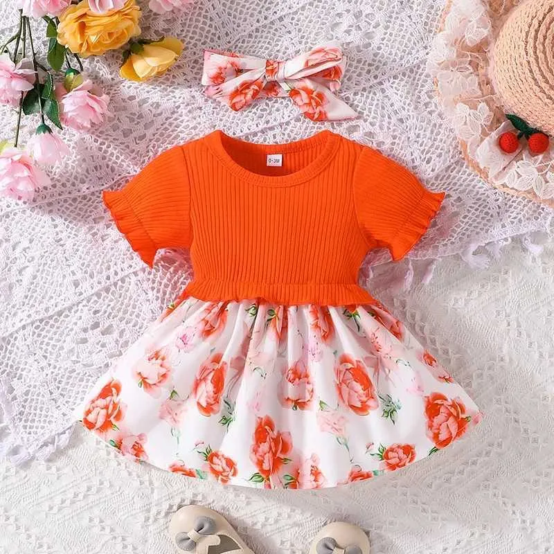 Robes de fille Robe pour enfants 0-18 mois Style d'anniversaire manche courte mignon robes formelles de princesse florale orange mignon ootd pour le nouveau-né girll2405