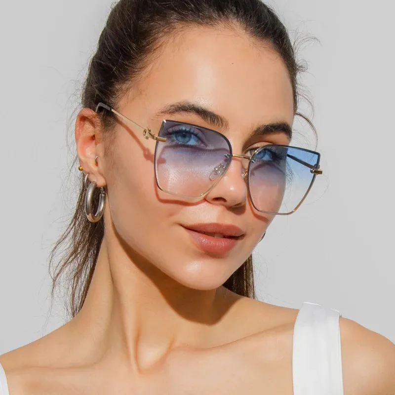 Retro Cat Eye Sunglase Brand Designer Fashion Rimless Gradient Sun Glasses Shares Cutting Lins Ladies Frameless Gyeglass 240510