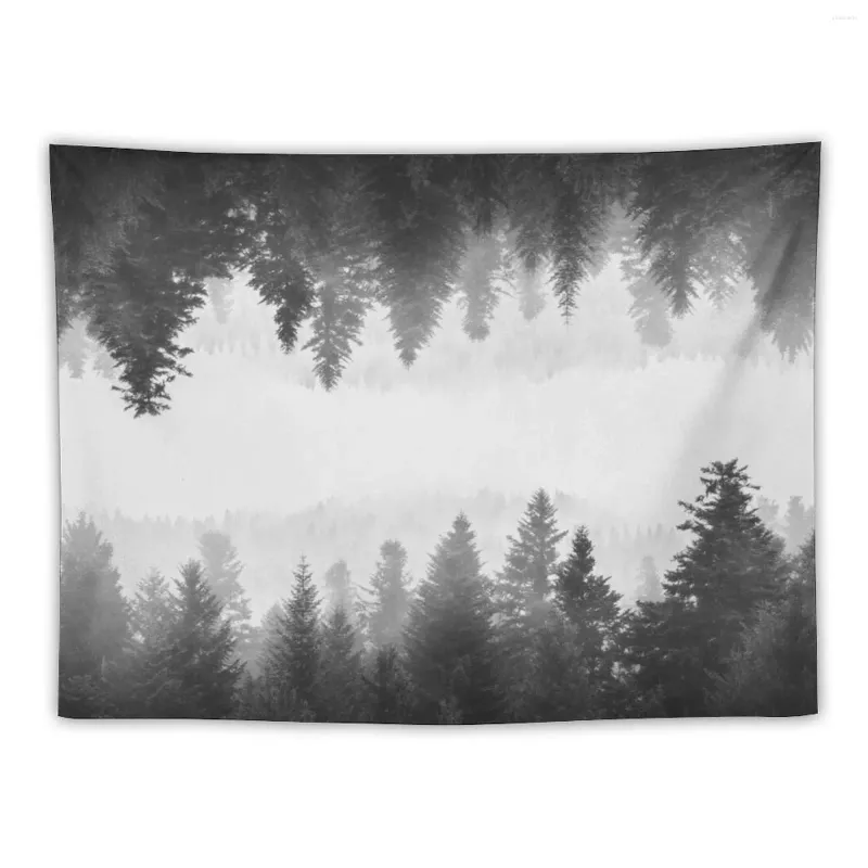 Wandteppiche Schwarz -Weiß Nebelspiegel Spiegelwald Tapestry Room Dekoration Ästhetische Ästhetik für japanisches Dekor