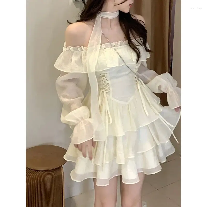 Abiti casual manica lunga mini abito elegante lolita puro colore corto donna donna 2024 primavera dolce un pezzo coreano moda coreana