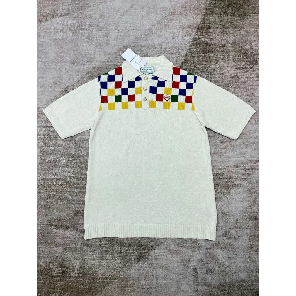 24SS Casablanca Polo's Casual shirt Kleurrijk gestreepte geruite vierkante mannen en dames met korte mouwen gebreide trui casablanc