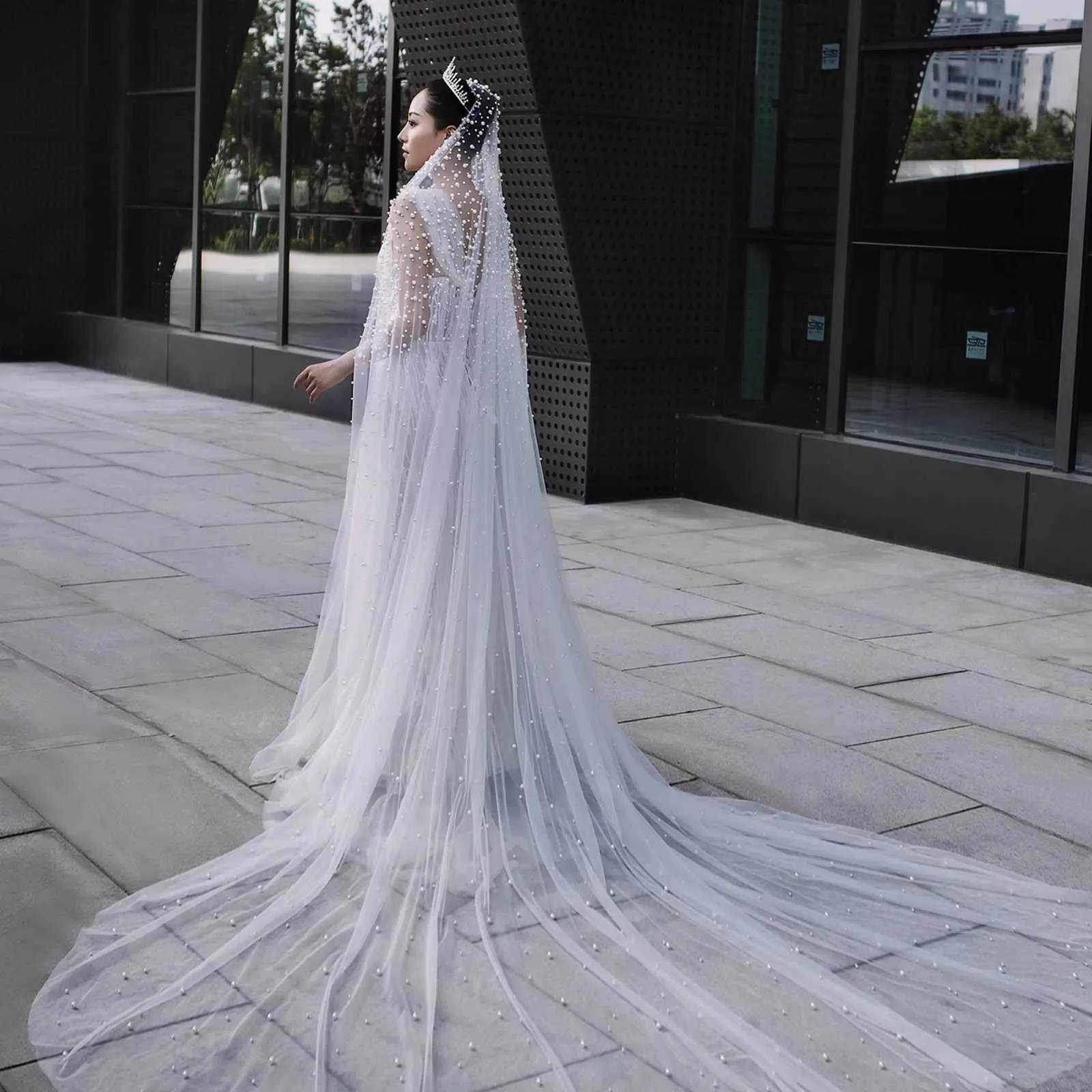 Hair Jewelry V139 Beaded Bridal Extra Long Cathedral Length Veil 3M Wide Veils with Comb Wedding Accessories_voghion.com
