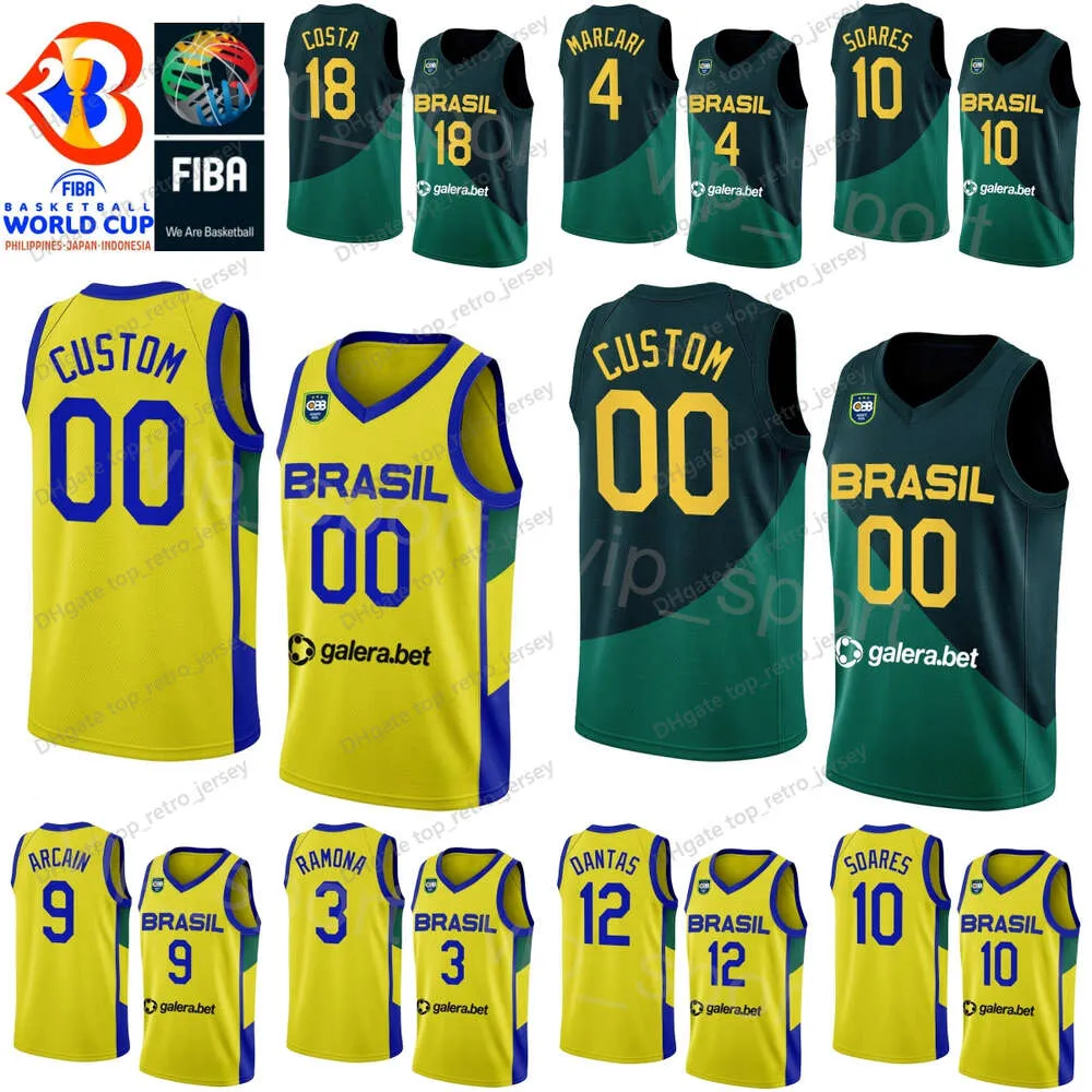 Print 2023 Weltmeisterschaft Brasilien Basketball Brasil -Trikots 2 Yago Santos 14 Leonardo Mindl 32 Georginho de Paula 50 Bruno Caboclo 10 Tim Soares 99 Lucas Dias Grün Gelb