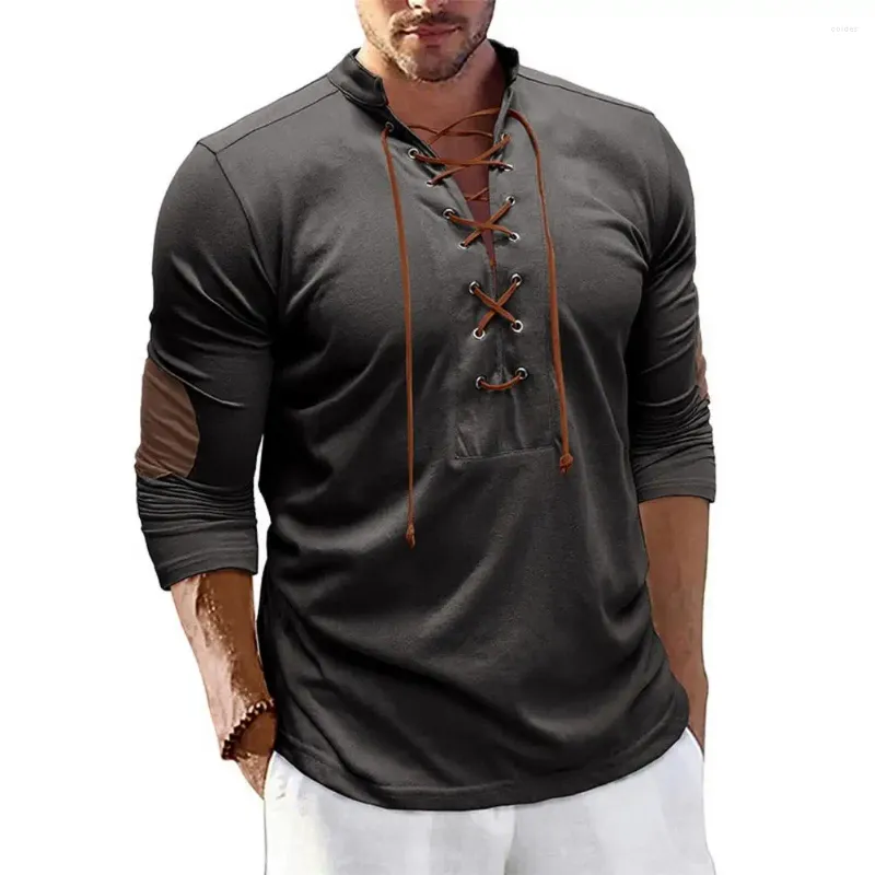 Magliette da uomo maschile autunno molla top collare in pizzo su sottile manicotto lungo manicotto a medio lunghezza t-shirt a secco rapido a secco