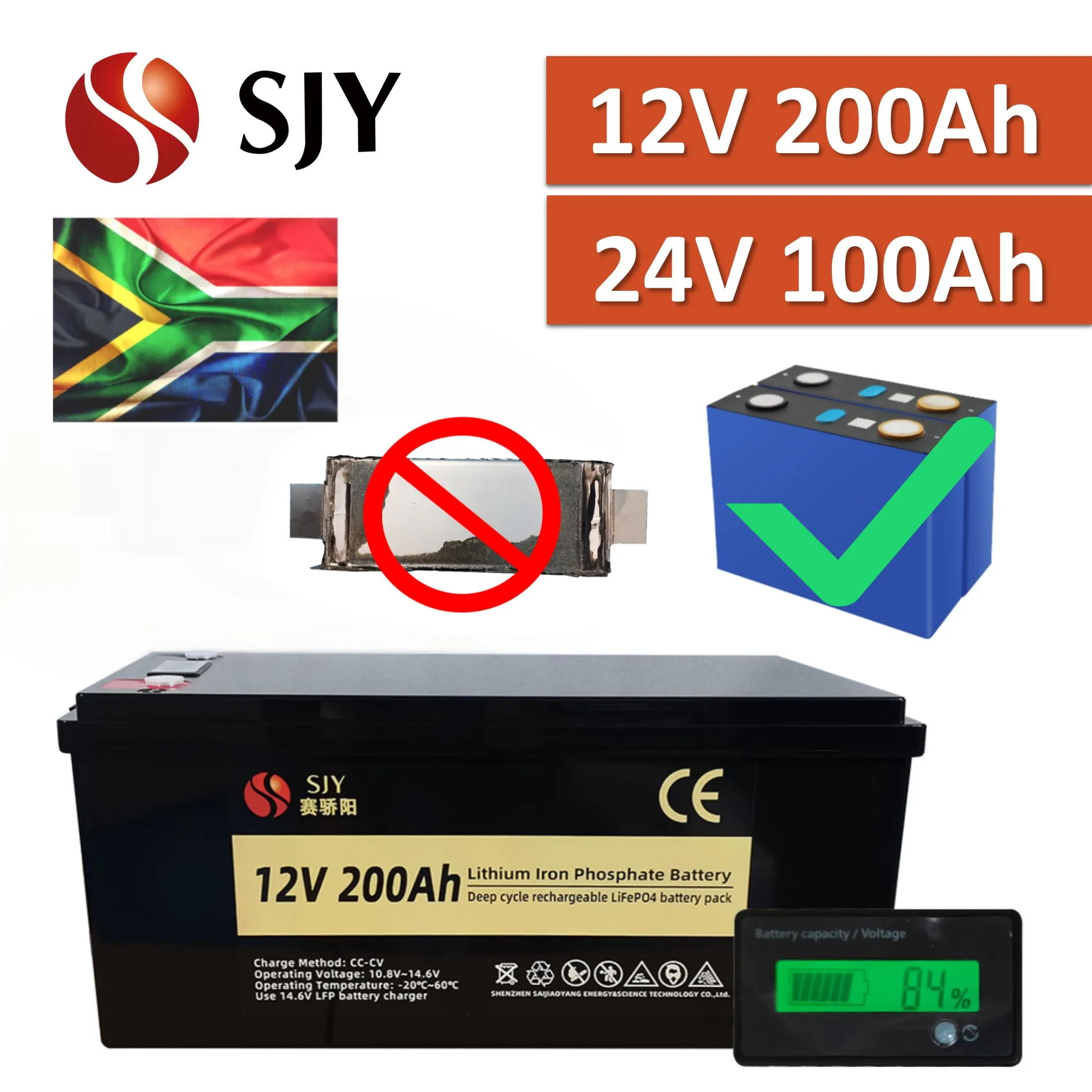 Zuid -Afrika NIEUW LIFEPO4 12V 24V 48V 100AH 200AH Lithium Batterij met LCD/Charger