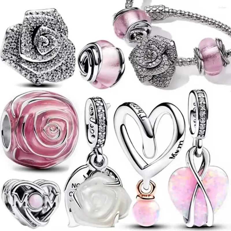 Pedras preciosas 925 prateada esterlina cercada rosa rosa rosa espumante de vidro de vidro em bloom de miçangas de pulseira de fit bacelete de flores jóias de pulseira