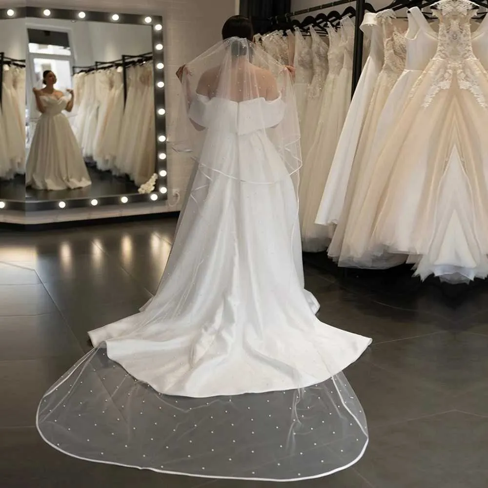 Haarschmuck Perlen Perlenbesetzter Brautschleier 2-stufig lang Kathedralschleier Bandkante mit Kamm Tropfenstil Brautkleider_voghion.com