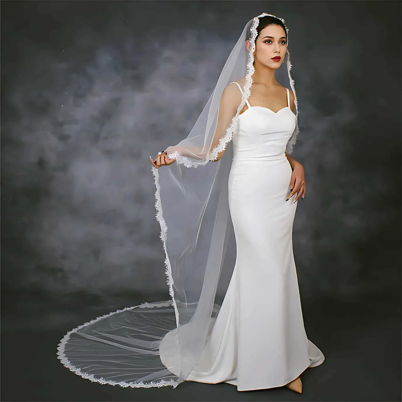 Bijoux de cheveux voile 1 niveau longs voiles de mariage accessoires de mariée garniture en dentelle festonnée Tulle doux court Veu VP98_voghion.com