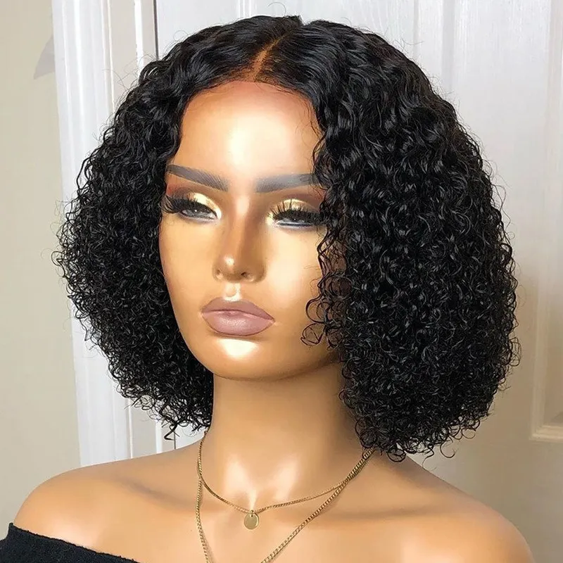 High Quality 14 Inch Short Bob Curly Human Hair Wig with Baby Hairs Brazilian Pre-Plucked Lace Front Synthetic Wigs For Women Girls Dropshipping