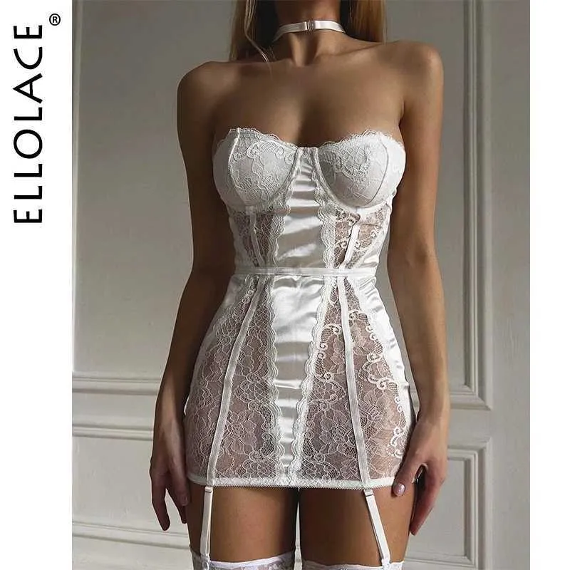 Sexy Set Ellolace Spitzenhalter erotisches Kleid auf Blick durch Super Mini -Kleider Sissy Maging Bodycon Statin Patchwork Kleidung Q240511