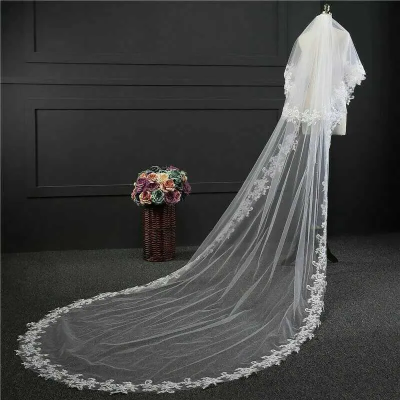 Hair Jewelry White Ivory Veil 3m Long Comb Lace Mantilla 2 Layer Cathedral Bridal Veils Wedding Accessories Veu De Noiva_voghion.com