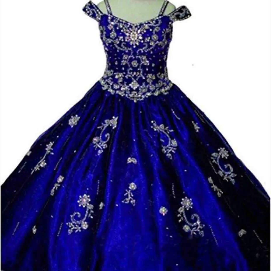 Billige neue königliche blaue Kugelkleid Girls Festzug Kleider von Schulterkristallperlen Prinzessin Tüll geschwollene Kinder Blumen Mädchen Geburtstagskleider 244y