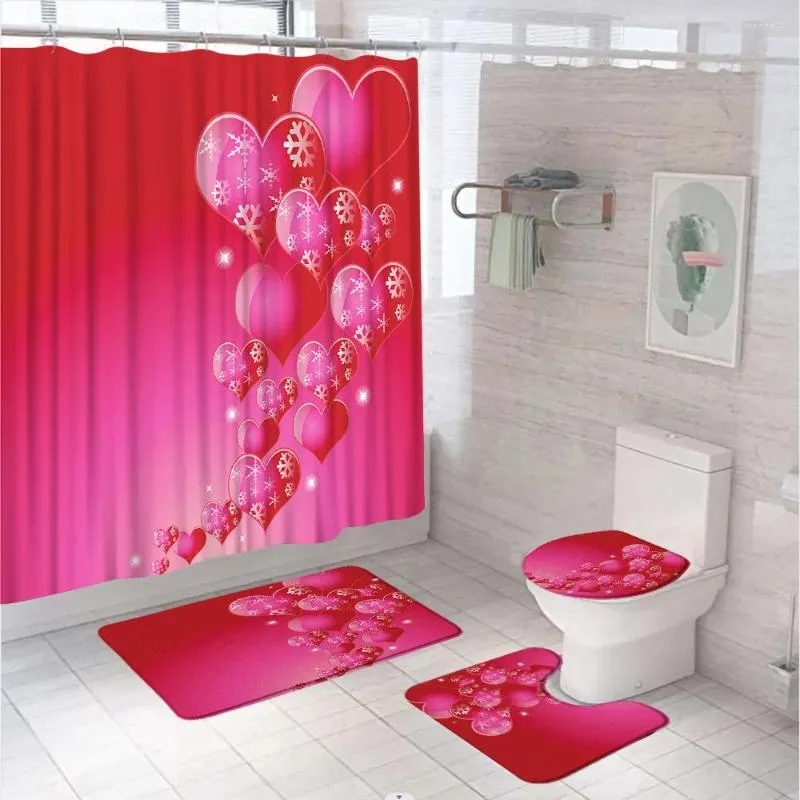 Douchegordijnen Valentijnsdag liefde rood harten gordijn set paar bruiloft cadeau badkamer huis niet-slip bad mat vloerkleed toiletomslag