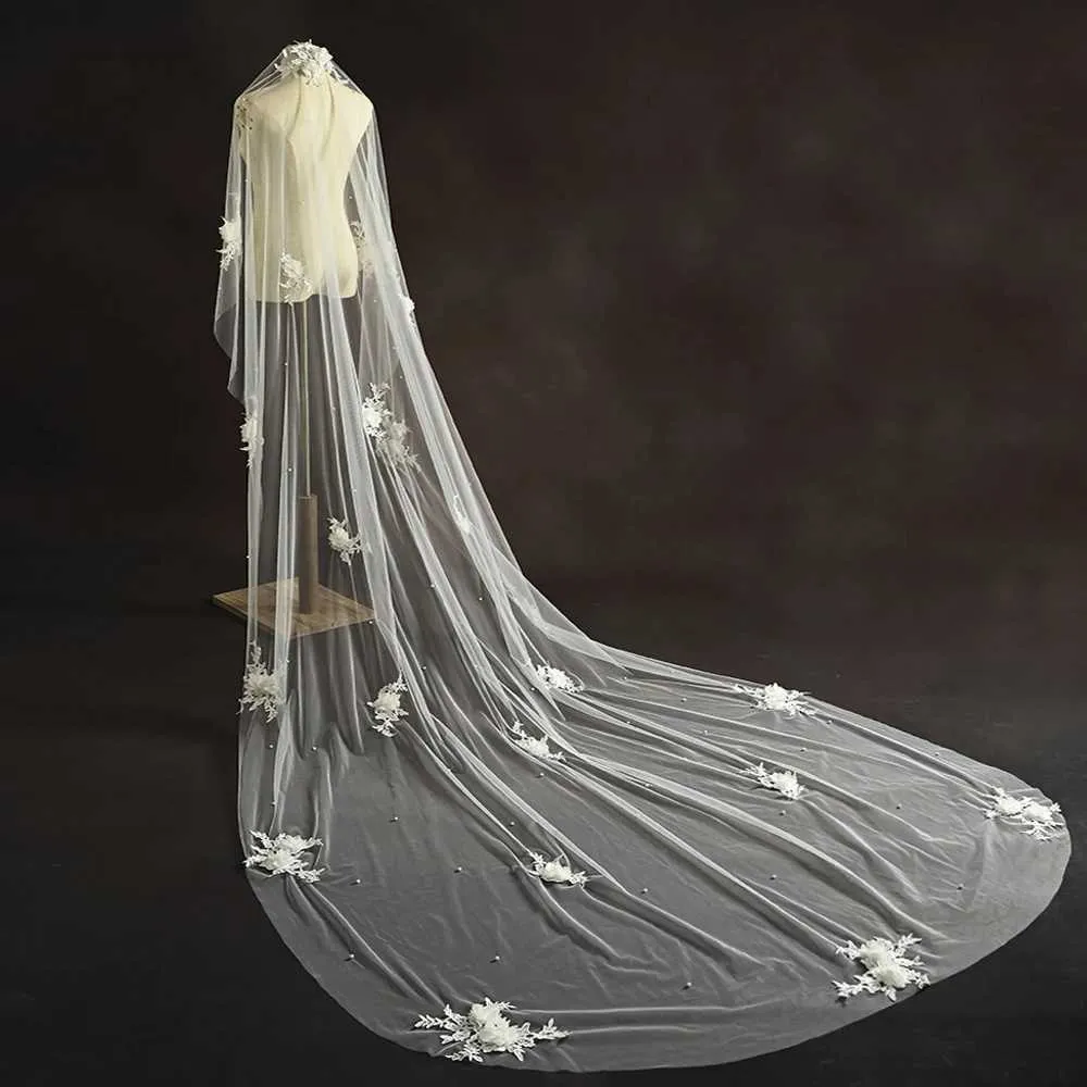 Gioielli per capelli 3D Fiori Veli da sposa Perle Velo 1 strato Lungo Cattedrale veu con pettine Accessori da sposa per la sposa VP56_voghion.com