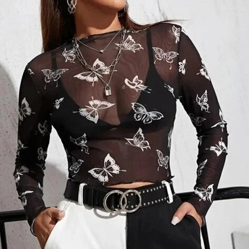T-shirts pour femmes Fashion Butterfly Printing See-Through Mesh à manches longues T-shirt pour les femmes O Cascus Casual Basic BodyCon Sexy Tee Tops