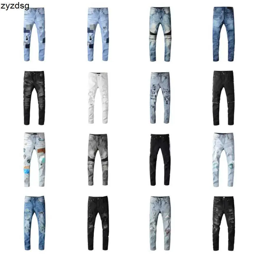 Designer Herren Jeans Hip-Hop Fashion Reißverschluss Loch Wäsche Jean Hosen Retro zerrissene Faltnähte Männer Design Motorrad Reiten kühle schlanke Pantel lila Jeans für Mann Frauen