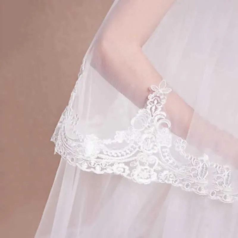 Hair Jewelry White Ivory Two-tier Cathedral Veils Lace Applique Edge Bridal Veil with Comb Wedding Accessories Veu De_ipsvogv.com