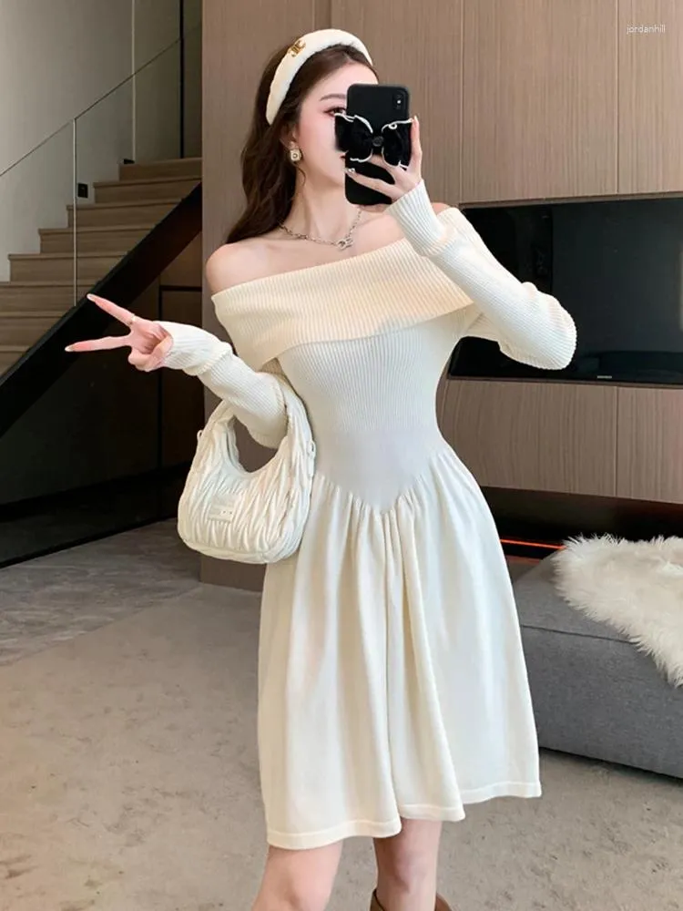 Casual Dresses Fashion Ladies Knitted Short Women Sweet Sweater Chic Sexy Off-Shoulder Slim Bodycon Dress Mujer Vestidos Street Clothes