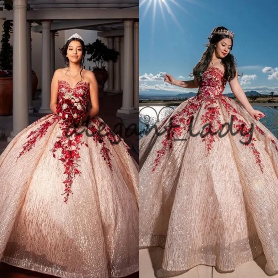 Pretty Rose Gold and Red Lace Quince Dresses 2023 Sweetheart Lace-up Corset Top Sparkly Sequins Applique Quinceanera Dresses 165K