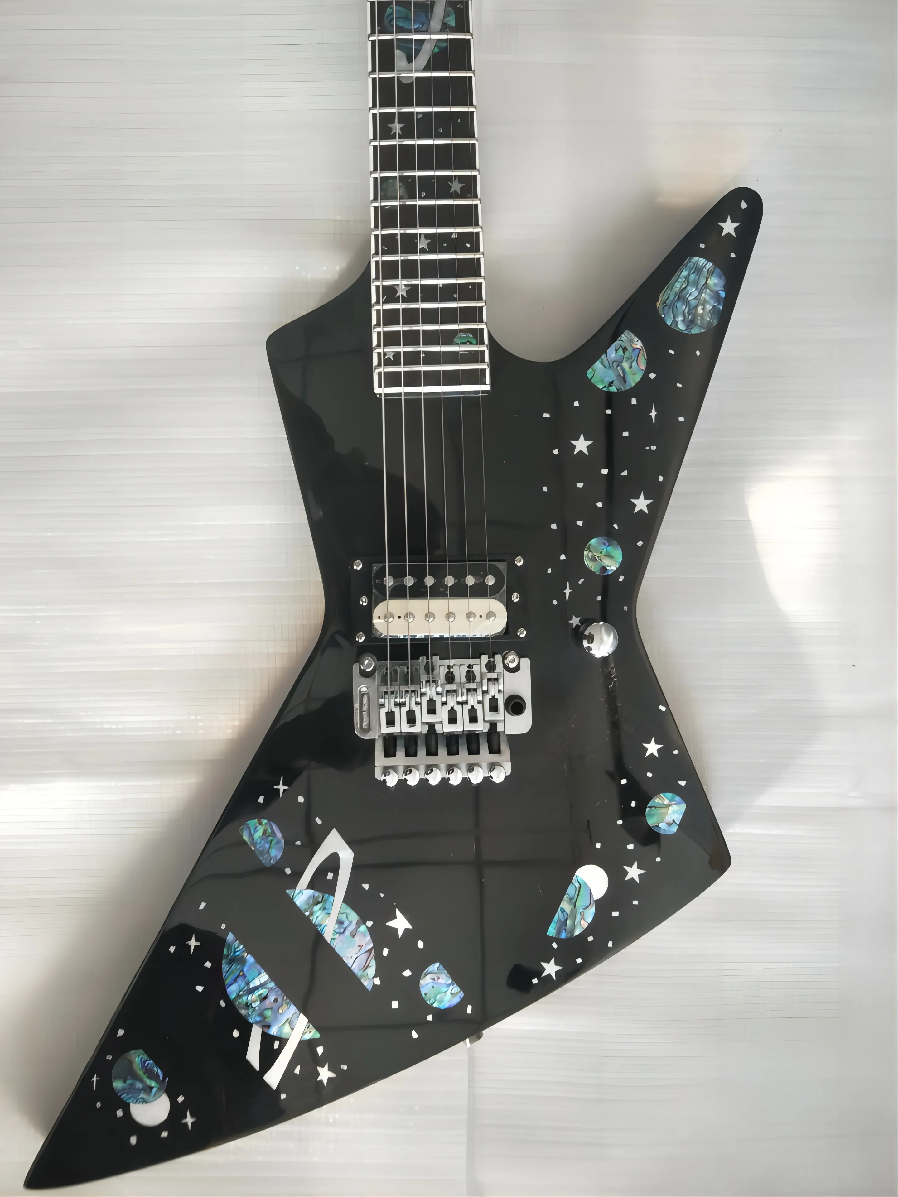 Rare Boris Dommenget Matthias Jabs Scorpions Galaxy Explorer Black Diamond flying v Electric Guitar Floyd Rose Tremolo Abalone Stars Planets Inlay