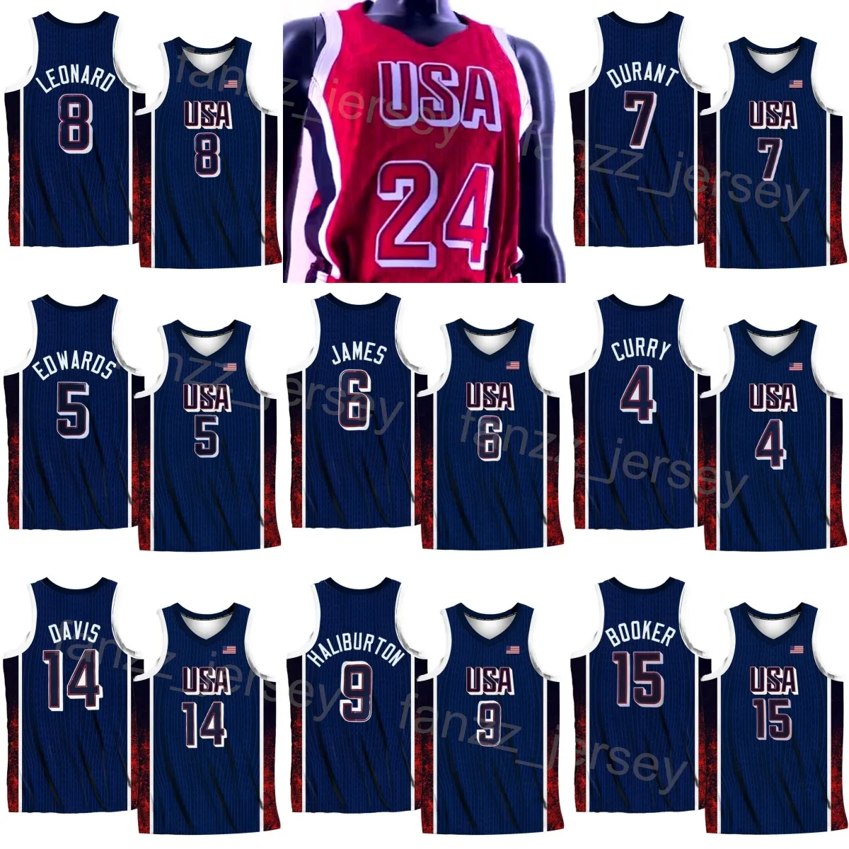 Отпечатано 2024 г. Джерси баскетбола в Соединенных Штатах 4 Стивен Карри 6 Леброн Джеймс 8 Кавхи Леонард 11 Джоэл Эмбиид 14 Дэвис 13 Бам Адебайо 12 Джал.