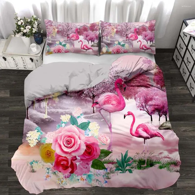 Sängkläder. Wensd Pink Girl Sweet Twin Set Reactive Print Lovely Flamingos Rose Flower Däcke Cover Double Single Bed