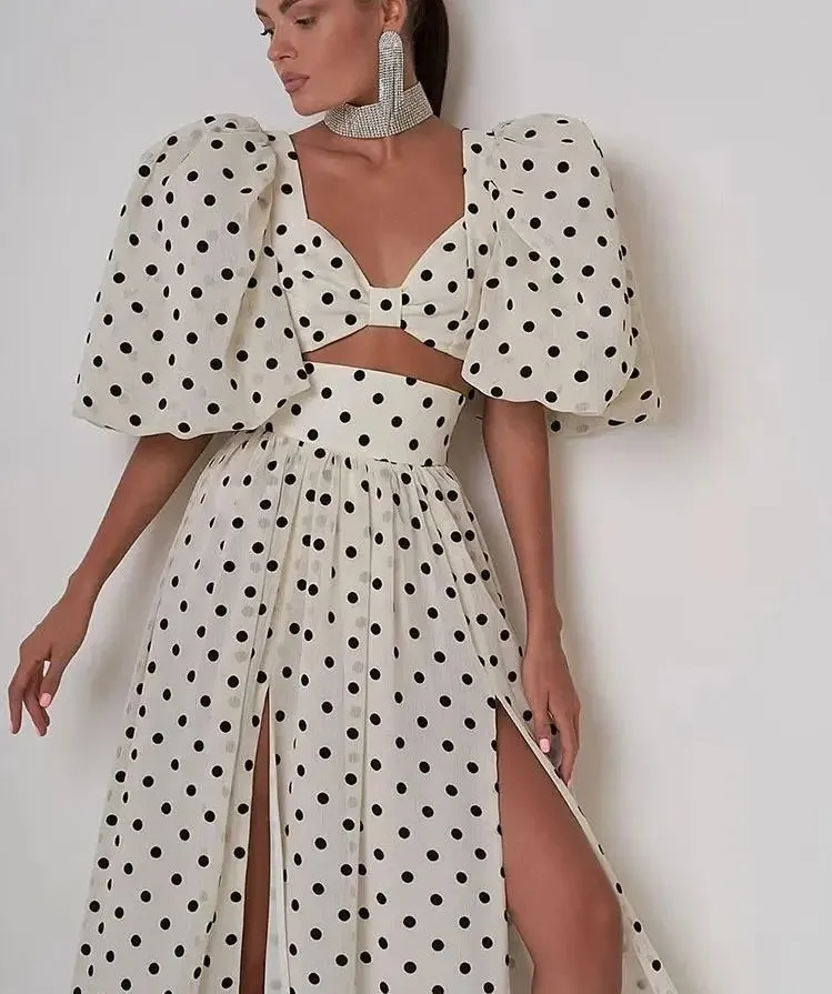 DHgate Black Polka Dot 2 Piece Mini Dress Elegant Square Neck Cropped Top and Slit Skirt Wedding Party Events